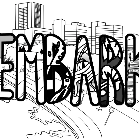 Embark cover illustration in black and white line drawing style. In the background we see Carleton University campus, looking at the Library and Dunton Tower, with the water in the bottom left corner. In the foreground is EMBARK in all-caps bubble letters. Inside the letters are select clippings of illustrations featured alongside the issue 1 pieces.