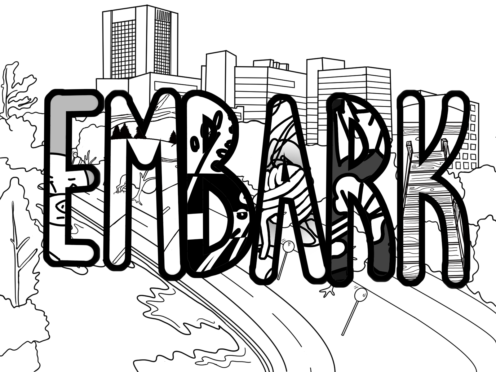 Embark cover illustration in black and white line drawing style. In the background we see Carleton University campus, looking at the Library and Dunton Tower, with the water in the bottom left corner. In the foreground is EMBARK in all-caps bubble letters. Inside the letters are select clippings of illustrations featured alongside the issue 1 pieces.