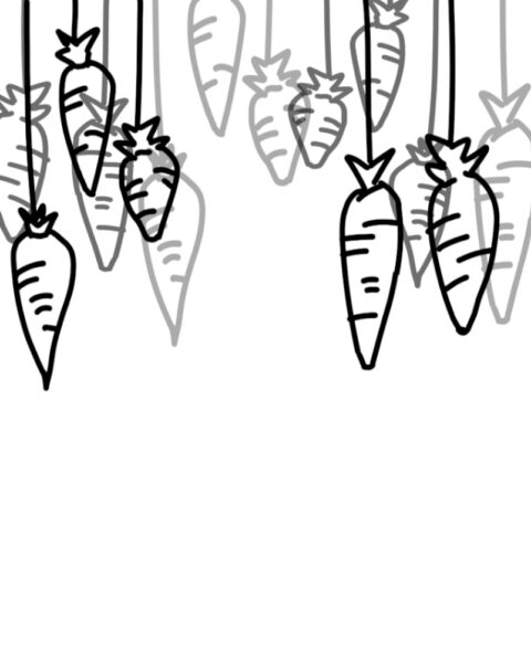 In a black and white outline style. Multiple carrots dangling by dark string. Some, in the background, are light grey, overlapping the ones in the foreground.