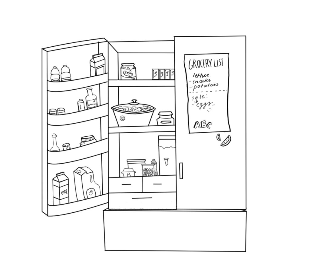 In a black and white outline style. An open fridge with a grocery list and small ABC and watermelon magnets. The grocery list reads: "Grocery List: Lettuce, snacks, potatoes ... sale: eggs." The fridge's interior is filled with various foods and containers.