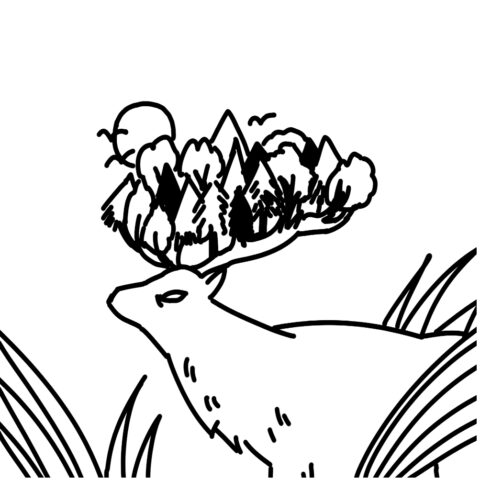 In a black and white outline style. An illustrated deer walking through grass. On its antlers grows a forest with trees, mountains, birds, and a sun.