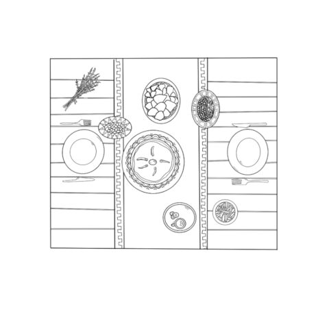 In a black and white outline style. A decorated table with various foods, plates, and utensils placed on top of it.