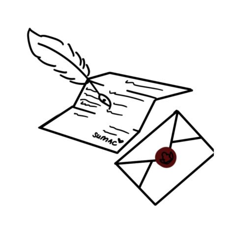 An illustration of a quill writing on a letter signed with Sumac. On the side rests a envelope with a red sumac seal.