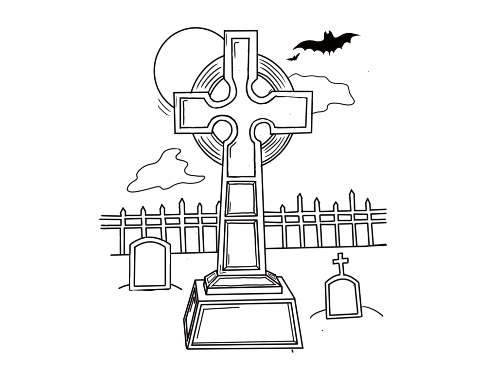 In a black and white outline style. A cemetery with various headstones. The one in the center is tall and has a prominent cross shape. In the background is a fence, clouds, bats and a moon.