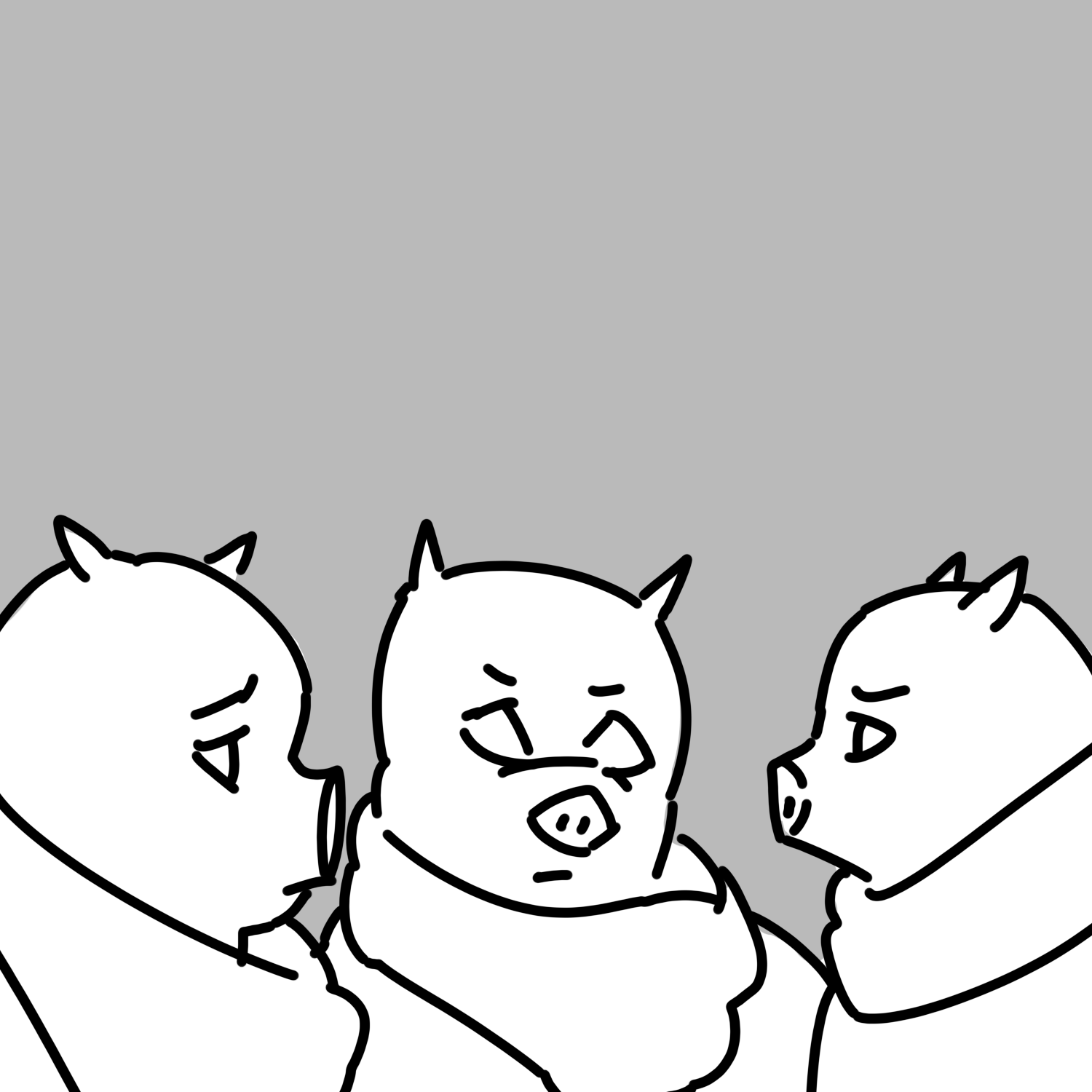 In a black and white outline style. Three pigs in loose garbs stand among each other in front of a grey background.