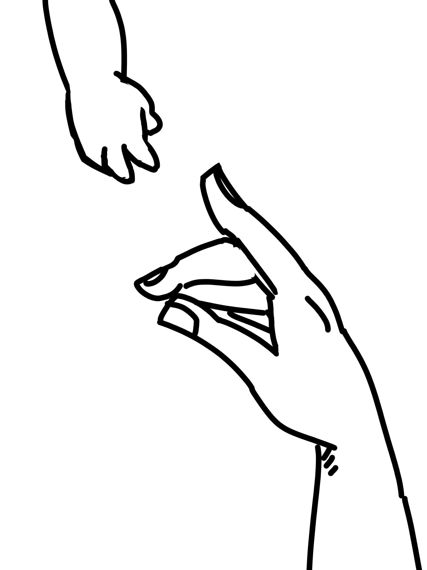 In a black and white outline style. Two arms reaching out to each other. The arm on the bottom is that of an adult while the arm on the top is that of a baby's.