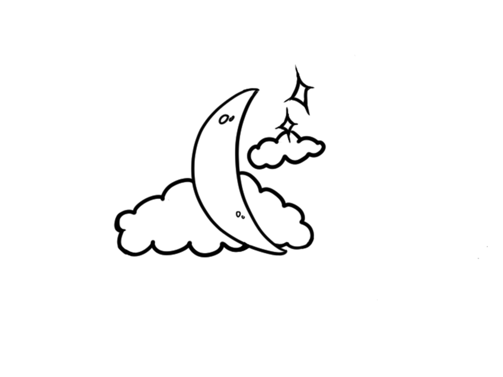 In a black and white outline style. A crescent moon among clouds and stars.