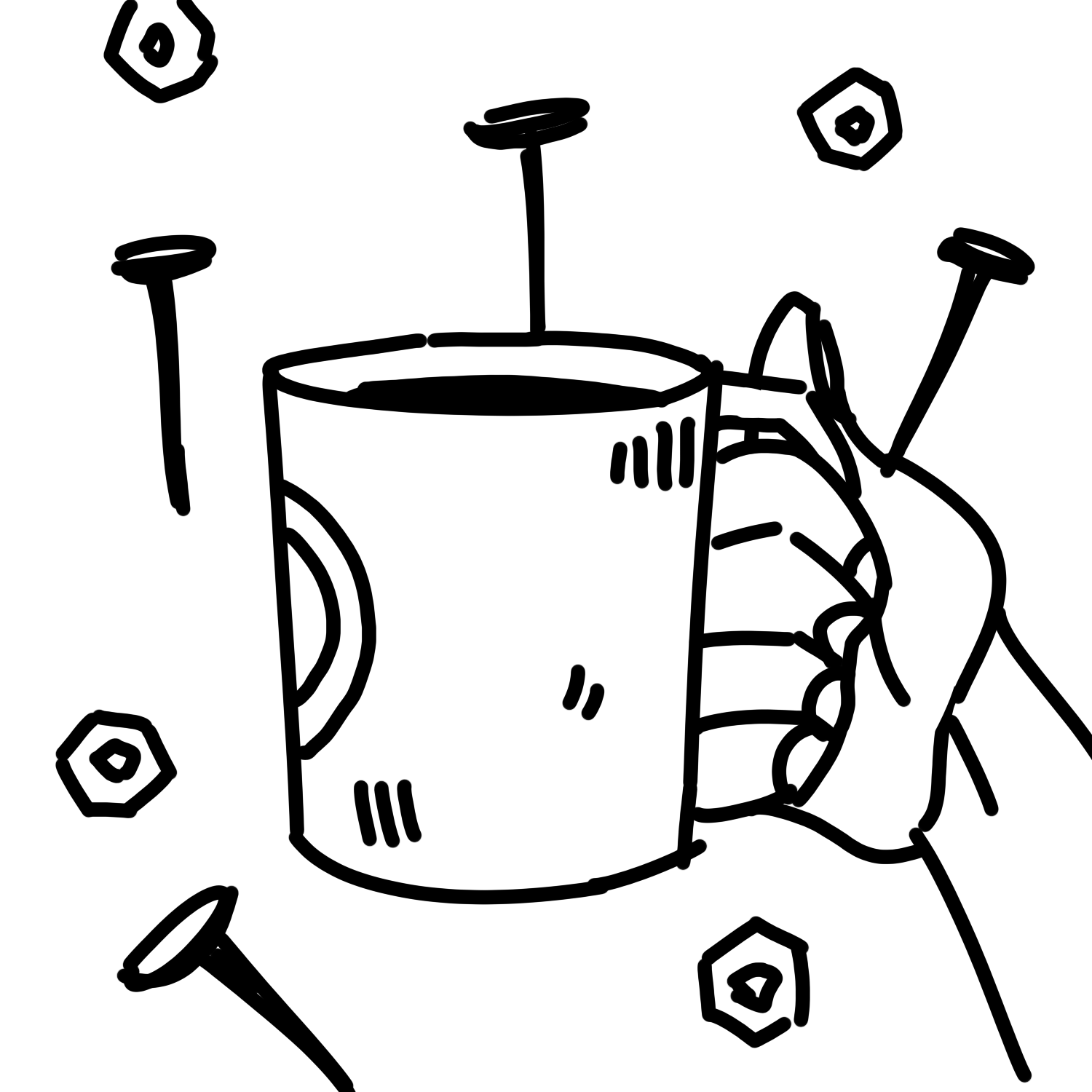 In a black and white outline style. A hand holds a mug filled with coffee. Surrounding it are floating screws and nails.