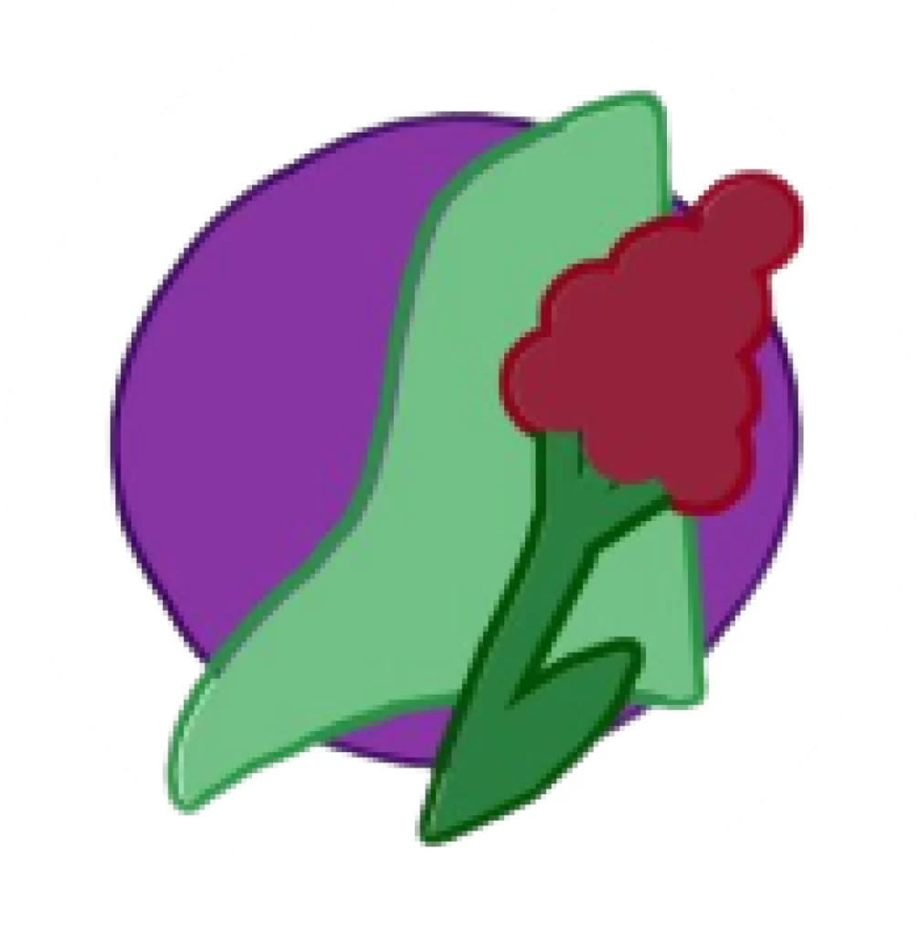 The logo for Issue 1: Embark. In the background is a bright purple circle, overtop of which is a green minimalist outline of Carleton University's campus. In the foreground is a minimalist outline of a sumac plant with a green stem and red flower.