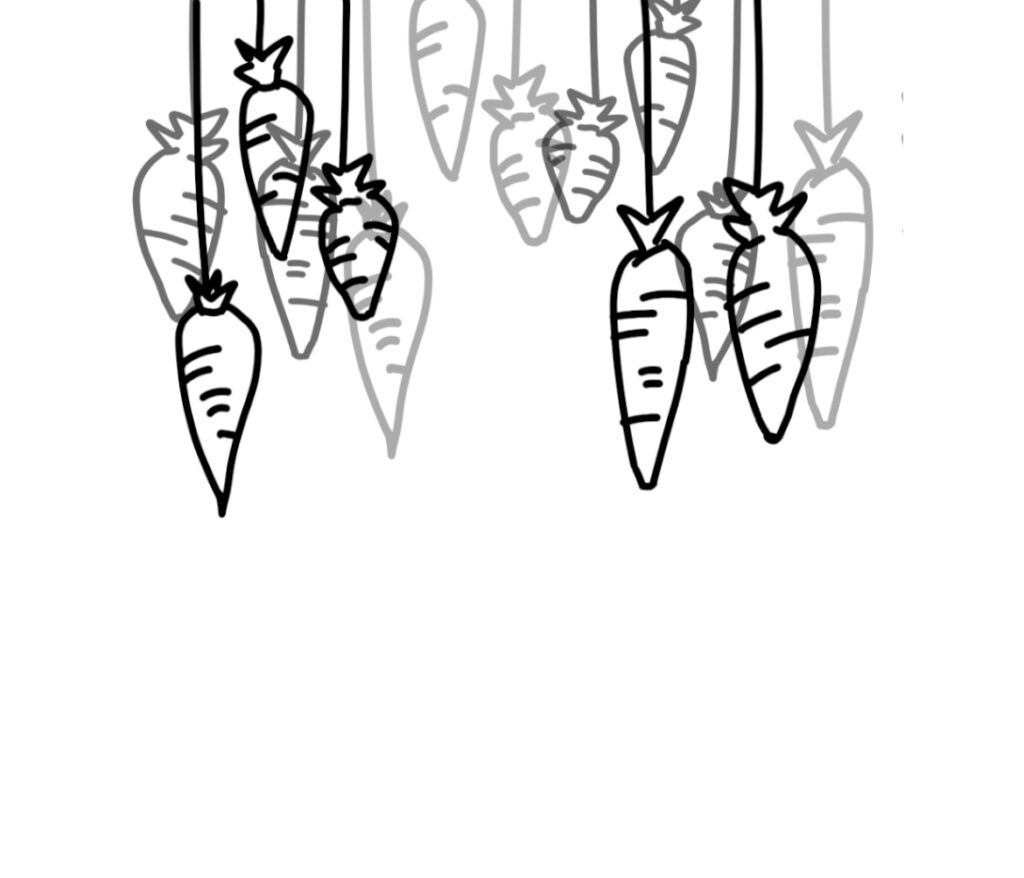 In a black and white outline style. Multiple carrots dangling by dark string. Some, in the background, are light grey, overlapping the ones in the foreground.