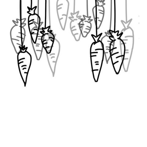 In a black and white outline style. Multiple carrots dangling by dark string. Some, in the background, are light grey, overlapping the ones in the foreground.