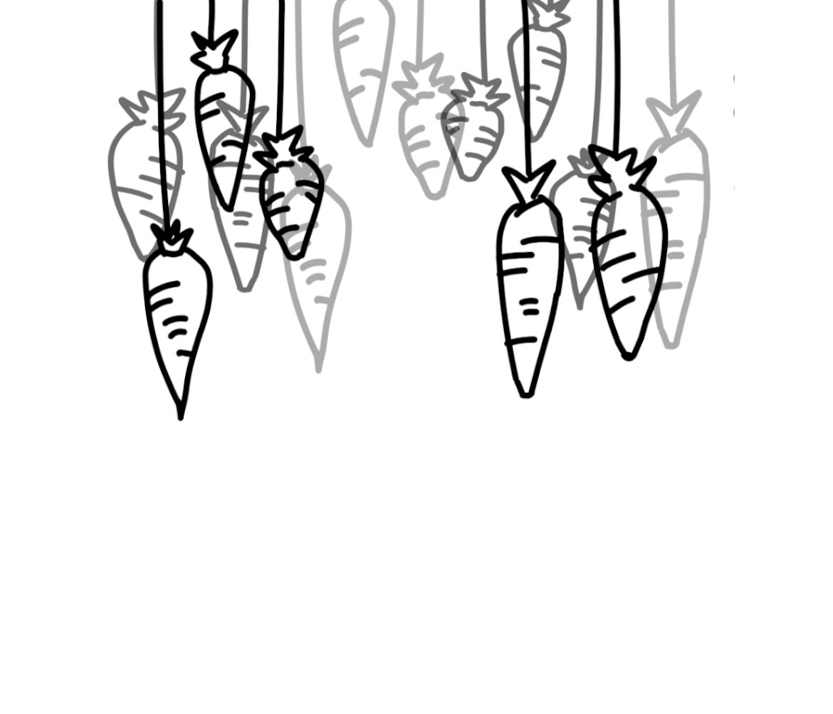 In a black and white outline style. Multiple carrots dangling by dark string. Some, in the background, are light grey, overlapping the ones in the foreground.
