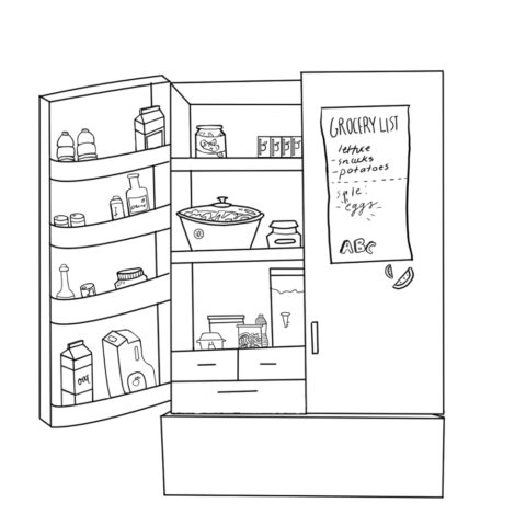 In a black and white outline style. An open fridge with a grocery list and small ABC and watermelon magnets. The grocery list reads: "Grocery List: Lettuce, snacks, potatoes ... sale: eggs." The fridge's interior is filled with various foods and containers.