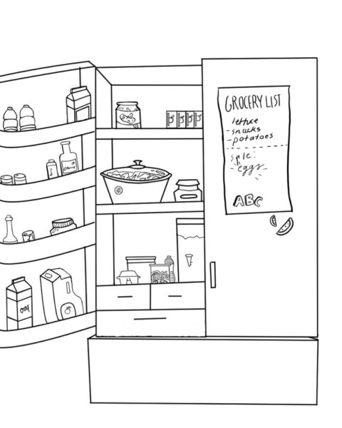 In a black and white outline style. An open fridge with a grocery list and small ABC and watermelon magnets. The grocery list reads: "Grocery List: Lettuce, snacks, potatoes ... sale: eggs." The fridge's interior is filled with various foods and containers.