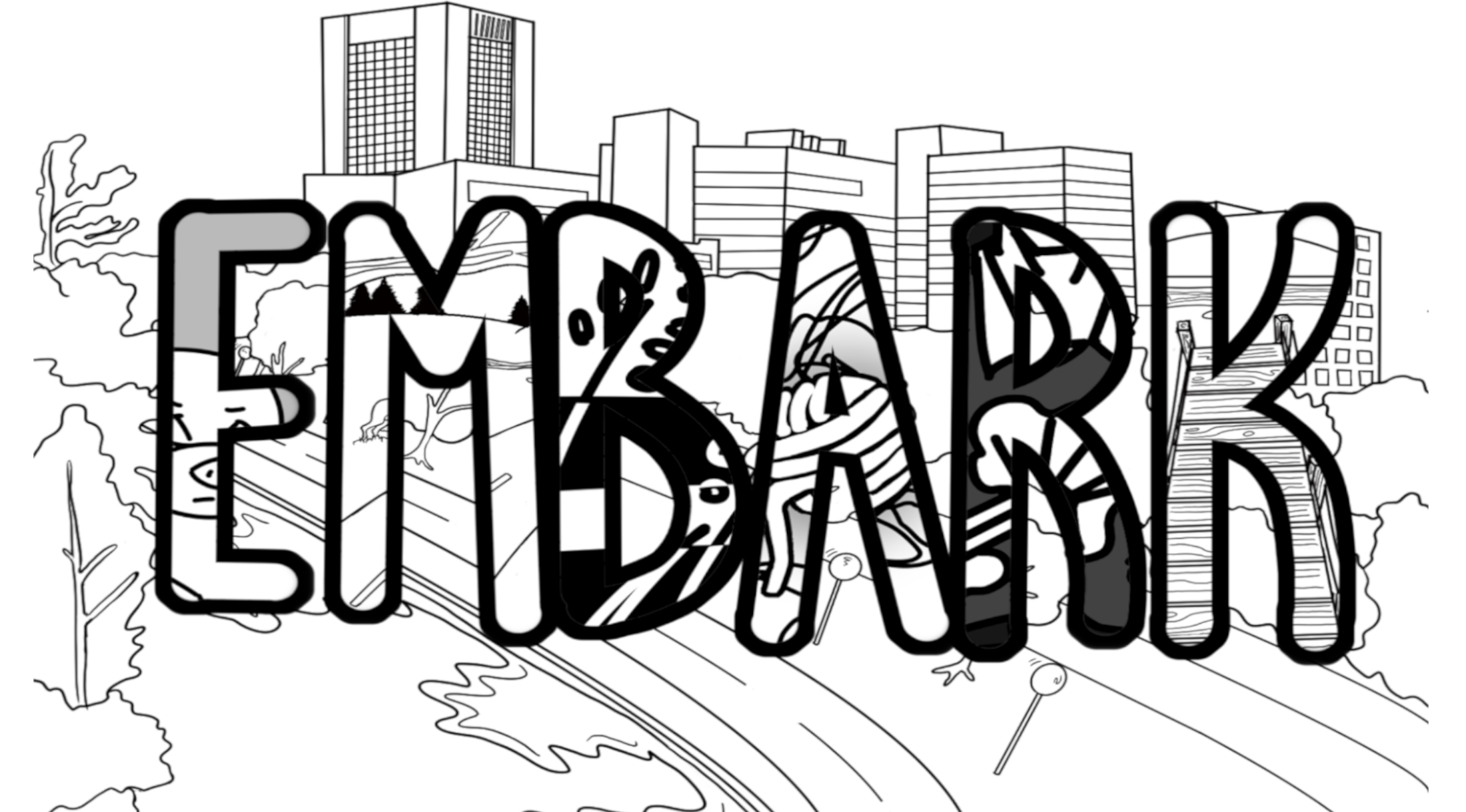 Embark cover illustration in black and white line drawing style. In the background we see Carleton University campus, looking at the Library and Dunton Tower, with the water in the bottom left corner. In the foreground is EMBARK in all-caps bubble letters. Inside the letters are select clippings of illustrations featured alongside the issue 1 pieces.