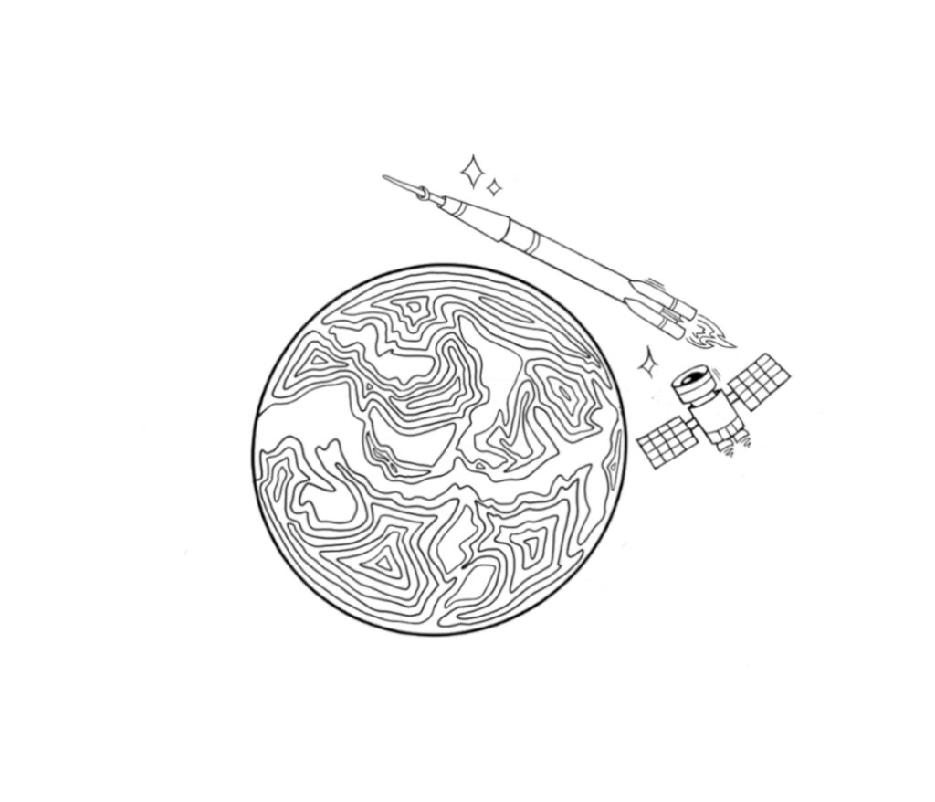 In a black and white outline style. A rocket ship, satellite, and stars float above a planet.