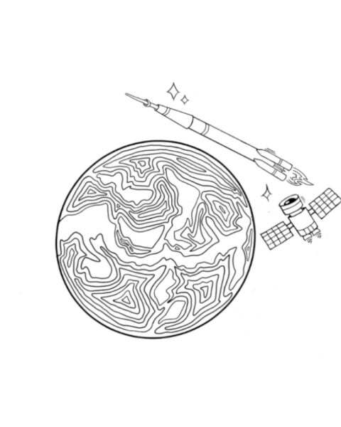 In a black and white outline style. A rocket ship, satellite, and stars float above a planet.