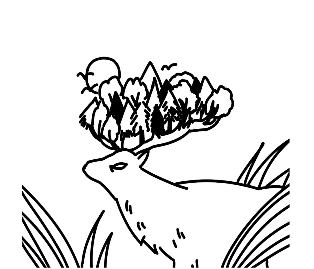 In a black and white outline style. An illustrated deer walking through grass. On its antlers grows a forest with trees, mountains, birds, and a sun.