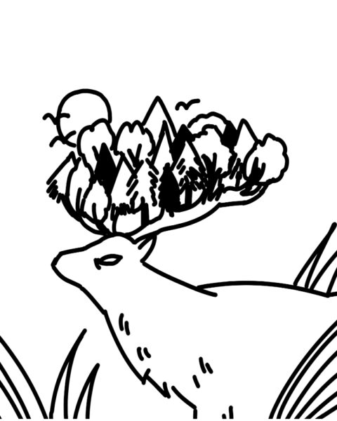 In a black and white outline style. An illustrated deer walking through grass. On its antlers grows a forest with trees, mountains, birds, and a sun.