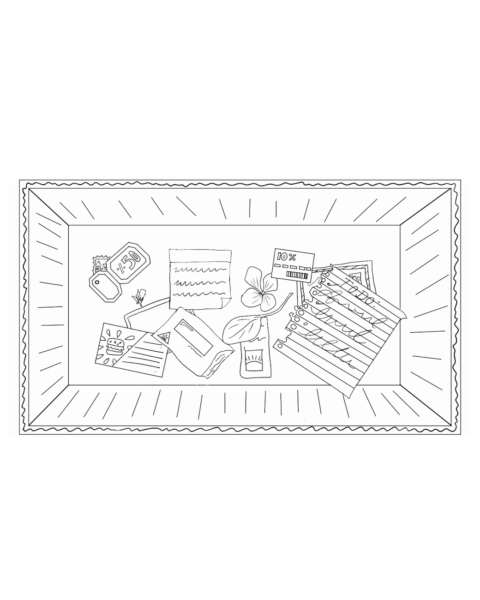 In a black and white outline style. A box containing several items. These items include: coupons, a to-do list, letters, postcards, papers and flowers.