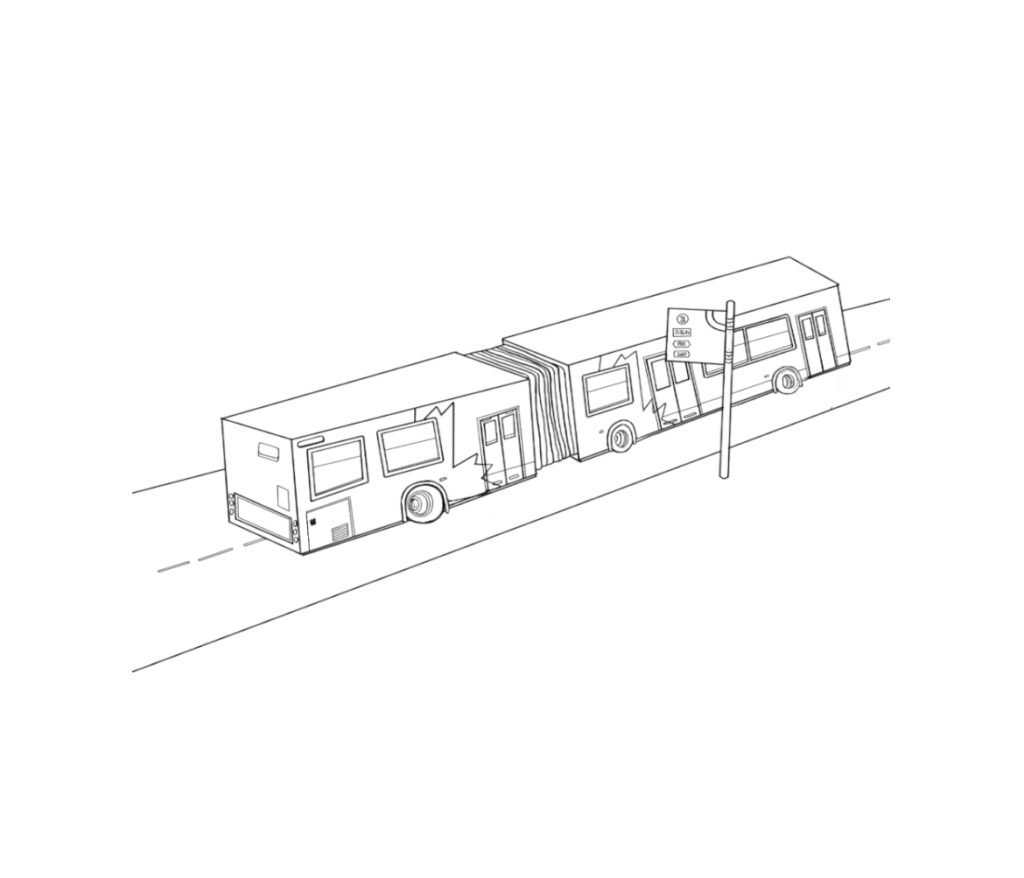 In a black and white outline style. An illustrated public transit bus driving down a street and past a bus stop.