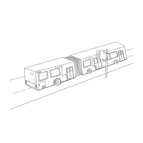 In a black and white outline style. An illustrated public transit bus driving down a street and past a bus stop.