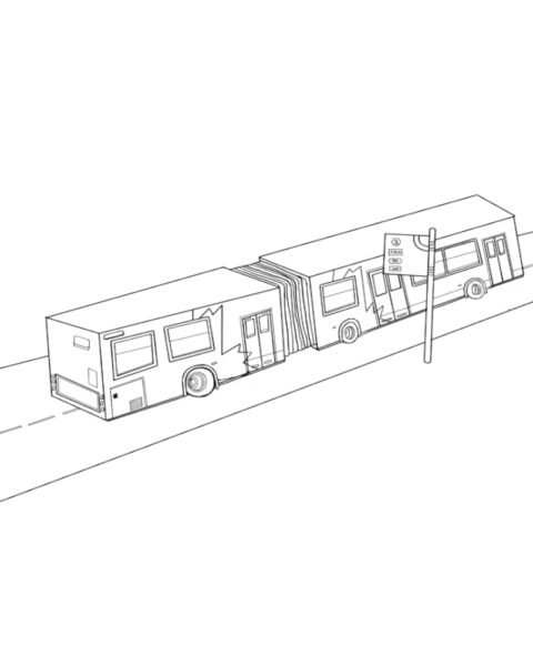 In a black and white outline style. An illustrated public transit bus driving down a street and past a bus stop.