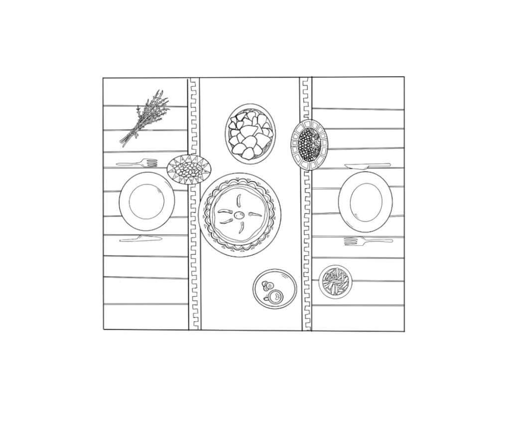 In a black and white outline style. A decorated table with various foods, plates, and utensils placed on top of it.