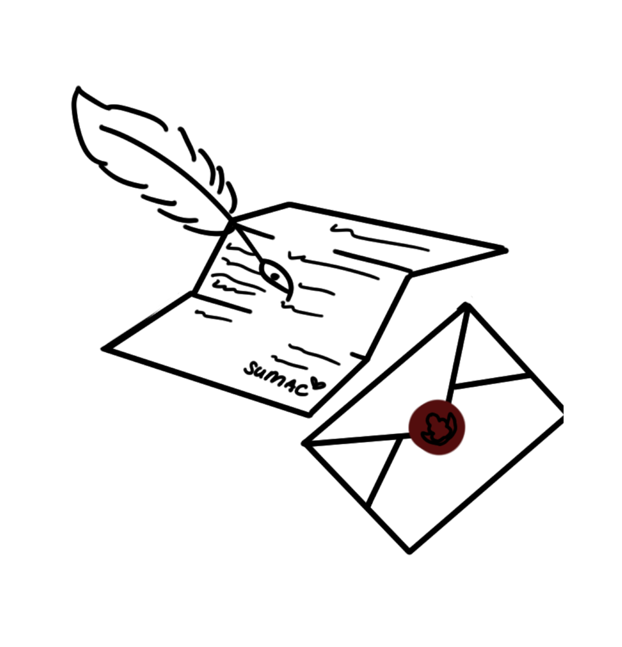 An illustration of a quill writing on a letter signed with Sumac. On the side rests a envelope with a red sumac seal.